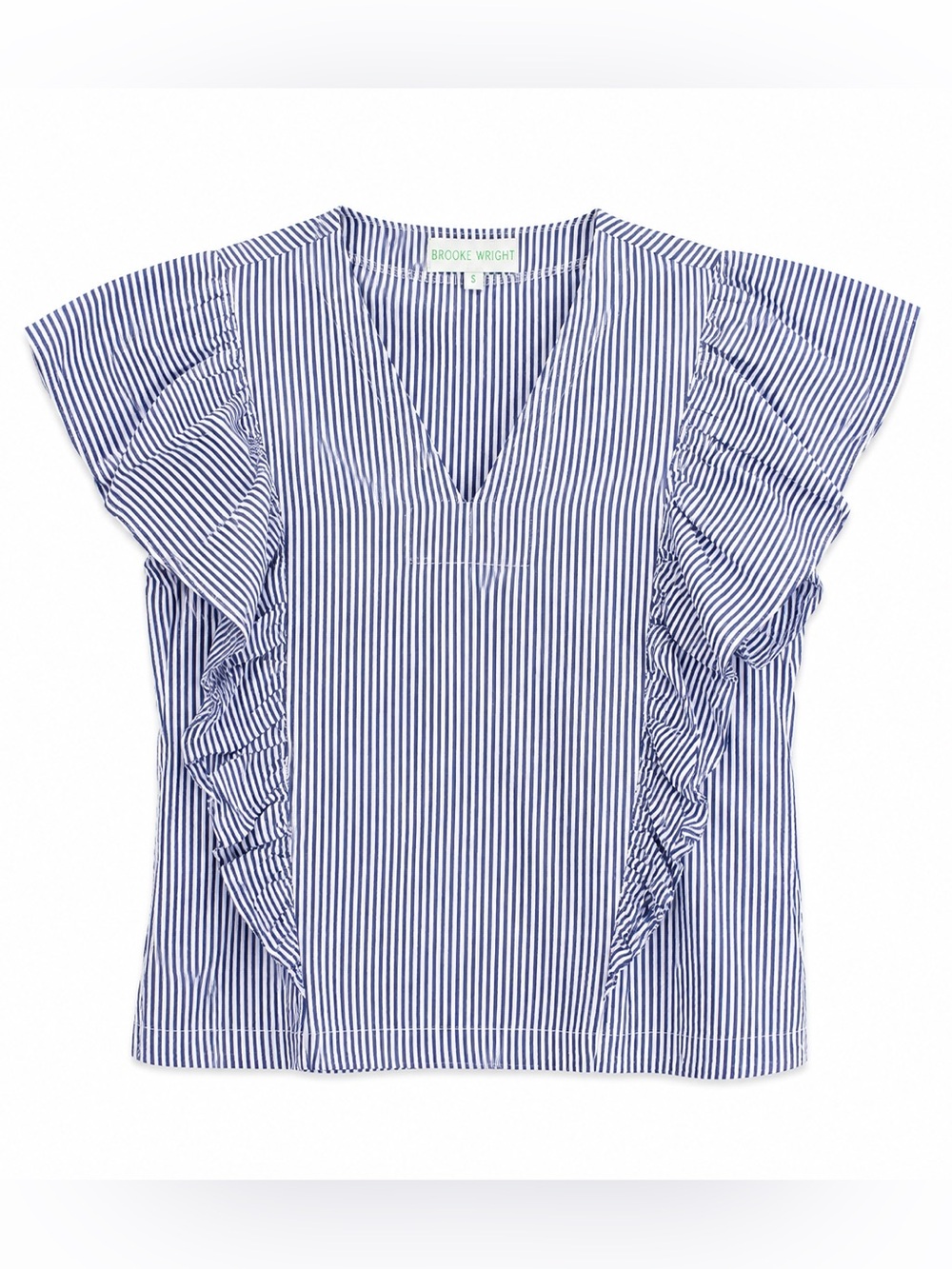 Brooke‎ Wright Blue White Stripe Ruffle Blouse Cotton Poplin Size S